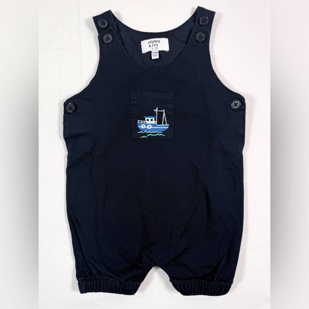 CROWN & IVY BABY Nautical Embroidered Overall Romper 6-9M Navy‎ Classic Preppy